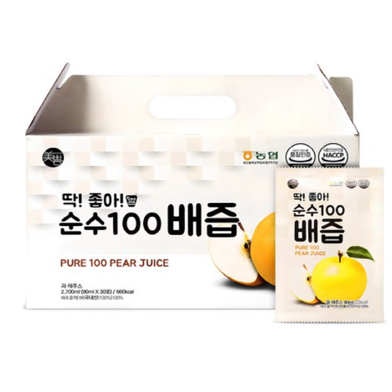 마켓Q,미쁨생활건강 딱좋아 순수100 배즙, 90ml, 30개,배즙, 나주 배, 국내산, HACCP 인증, 어린이 기호식품 품질인증,,40331,배즙, 나주 배, 국내산, HACCP 인증, 어린이 기호식품 품질인증,식품 > 건강/다이어트식품